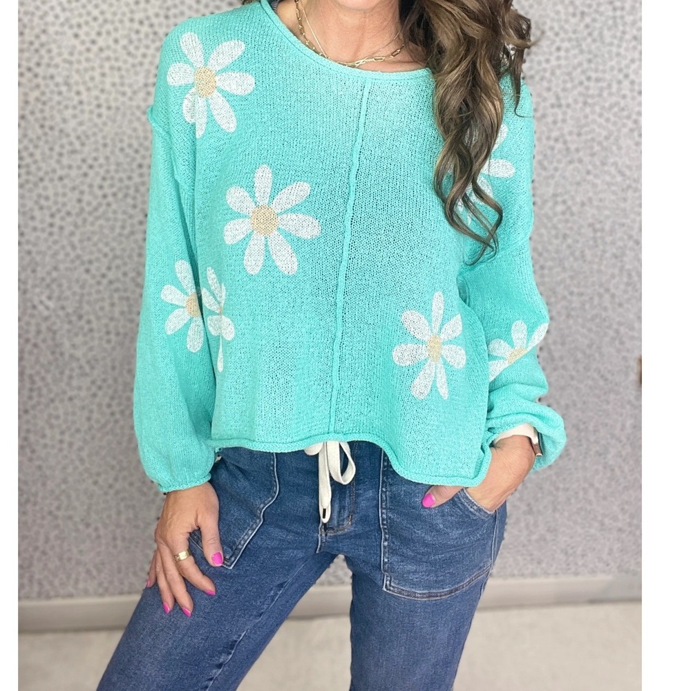 POL Womens Daisy Print Knit Sweater Teal Floral Oversized S Boho Whimsy Preppy